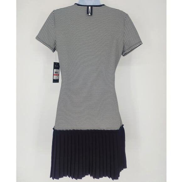Karl Lagerfeld Paris Striped Knit Pleated Hem Dress Black White XS NWT - Picture 3 of 15